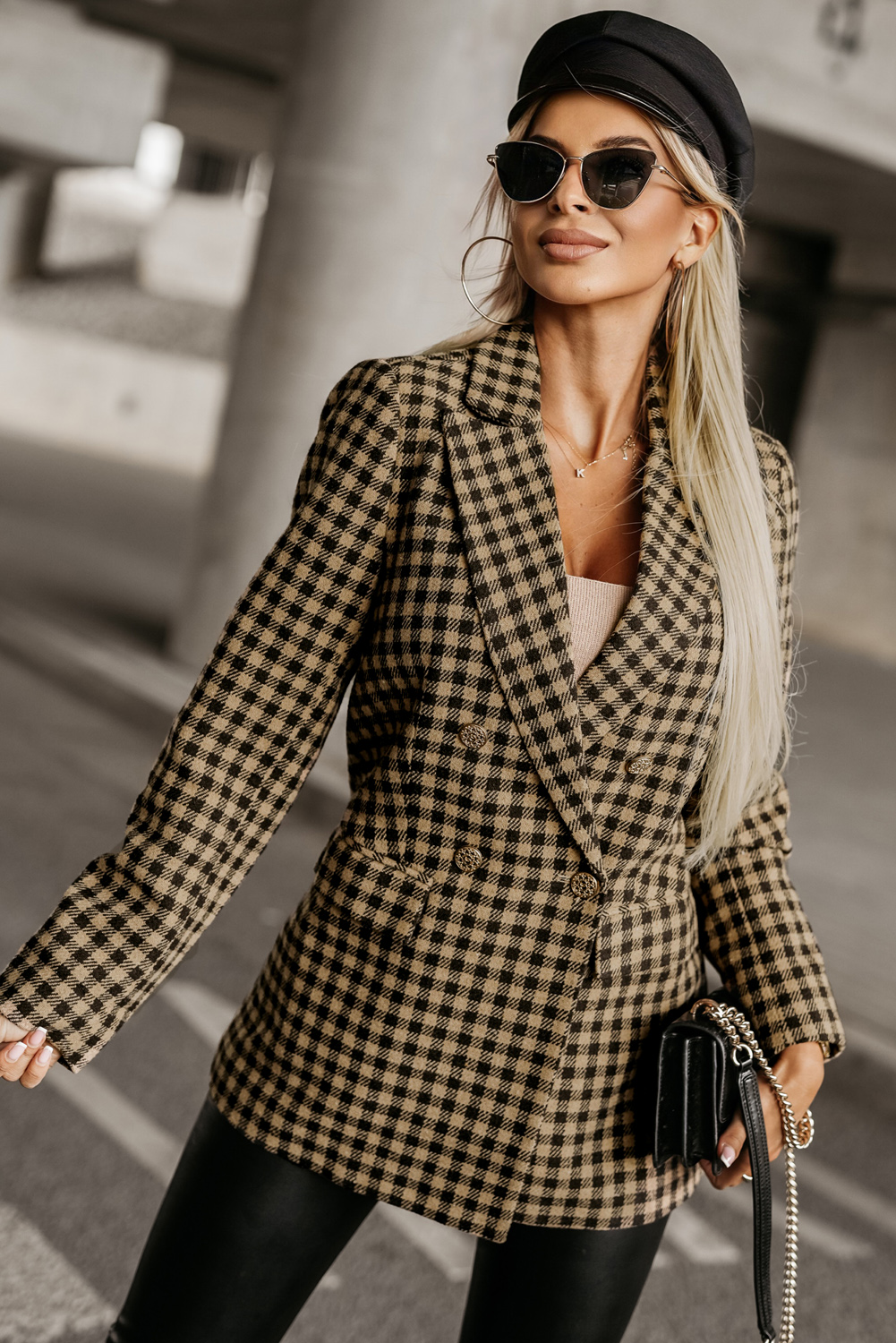 $16.4 Brown Tweed Houndstooth Plaid Pattern Double Breasted Blazer ...