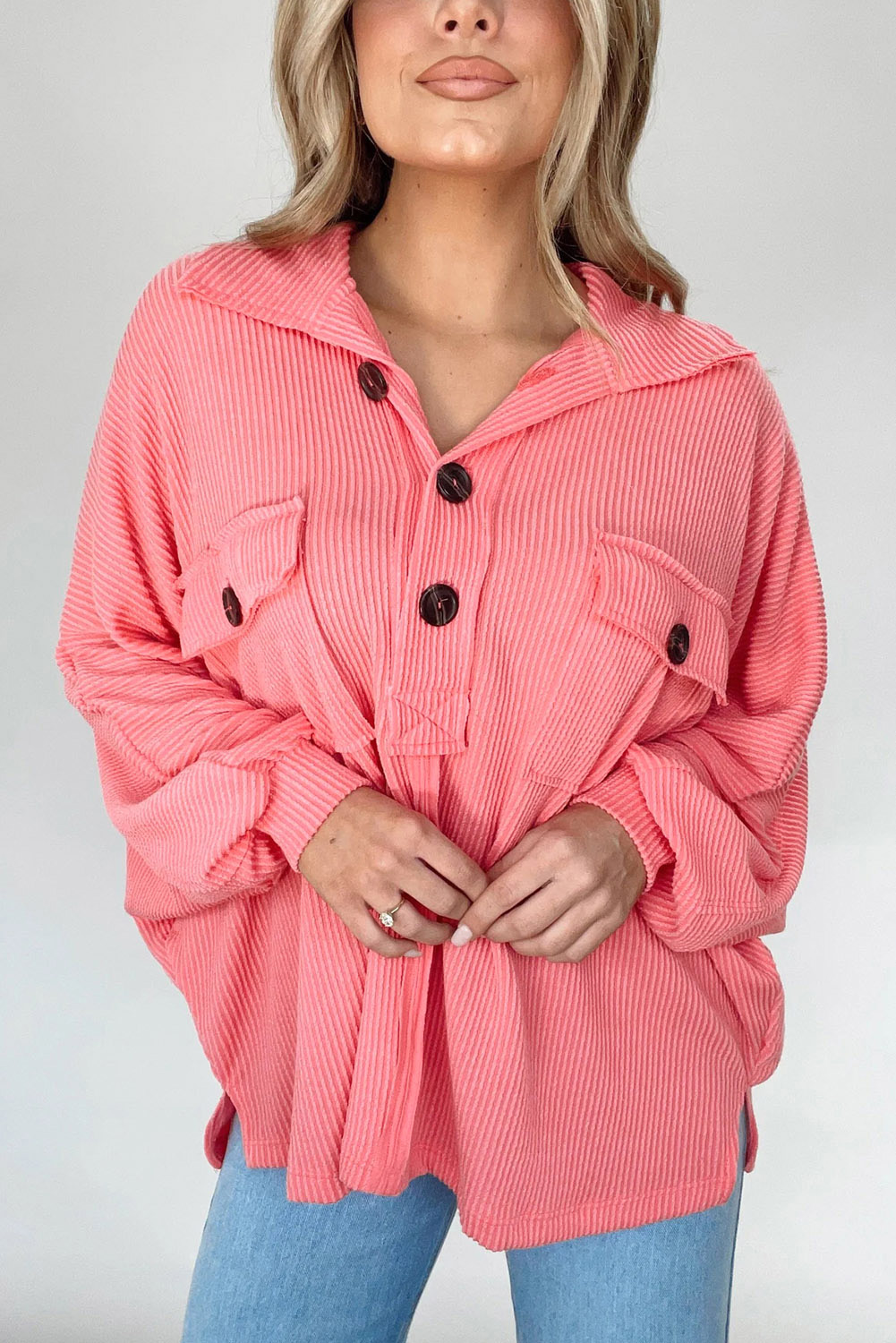 $10.9 Pink Corded Flap Pocket Henley Top Wholesale