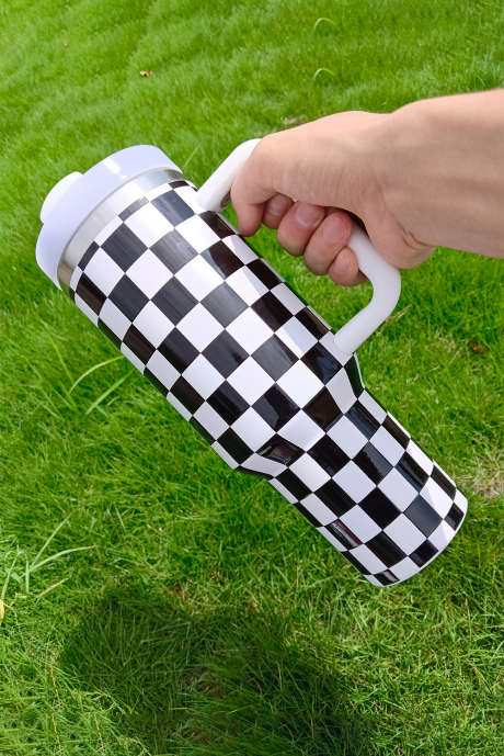 Vaso de acero inoxidable con asa y estampado a cuadros negros, 40 oz, BH051301-P2