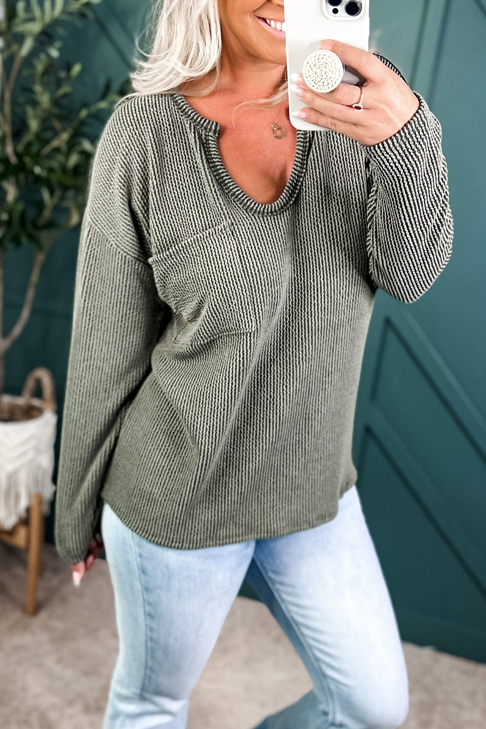 Stripes Waffle Texture Notched Neck Long Sleeve Top