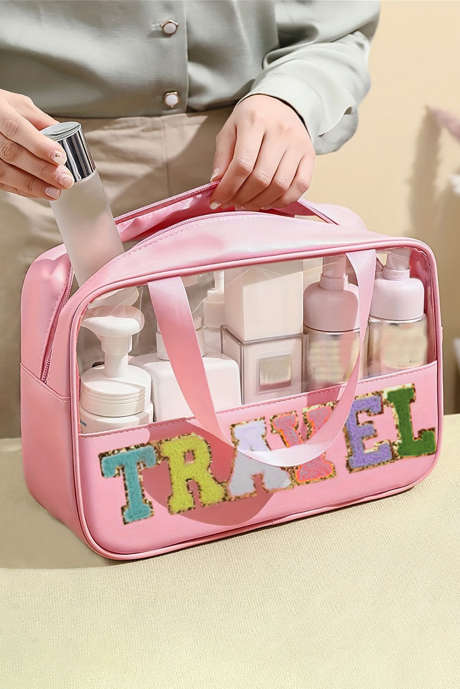 Bolsa de maquiagem em PVC transparente com letras rosa claro TRAVEL Chenille