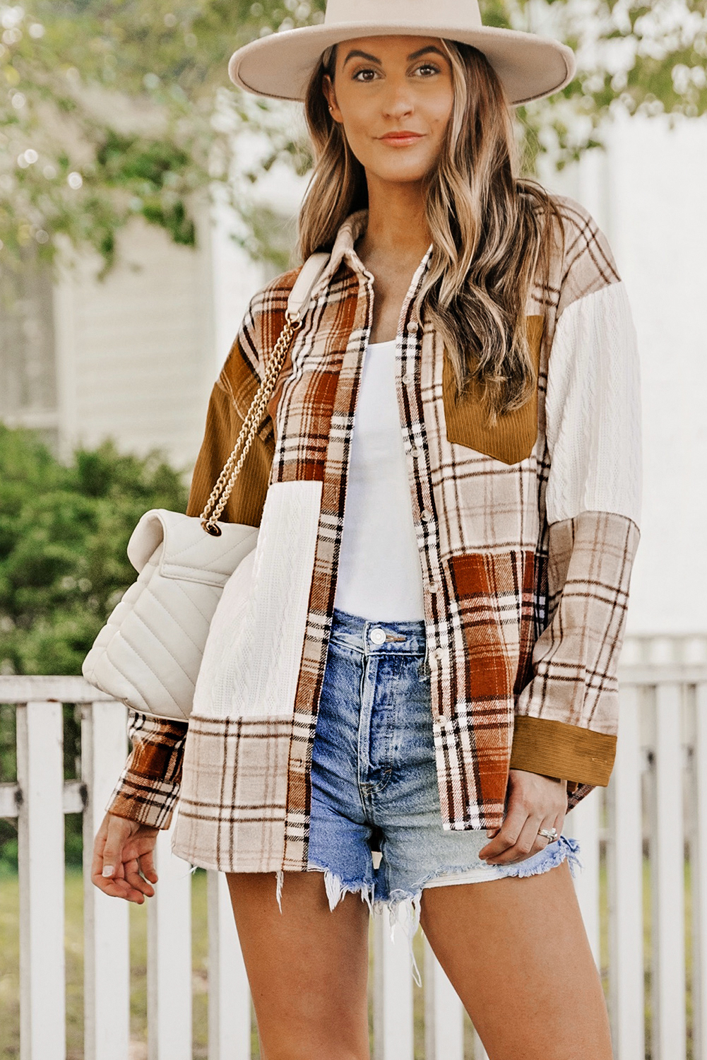 $10.8 Orange Plaid Color Block Patchwork Shirt Jacket with Pocket Wholesale