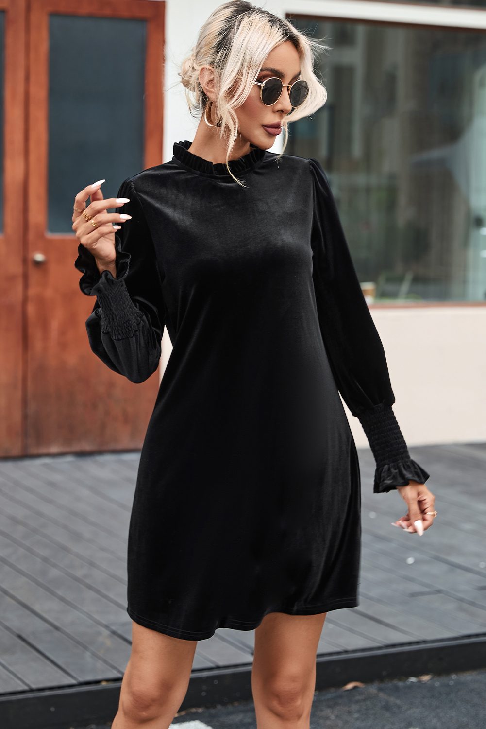 $6.57 Black Velvet Frill Neck Long Sleeve Shift Dress Wholesale