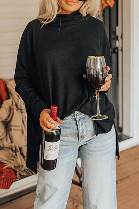 Top túnica preta com gola e capuz LC25122840-P2