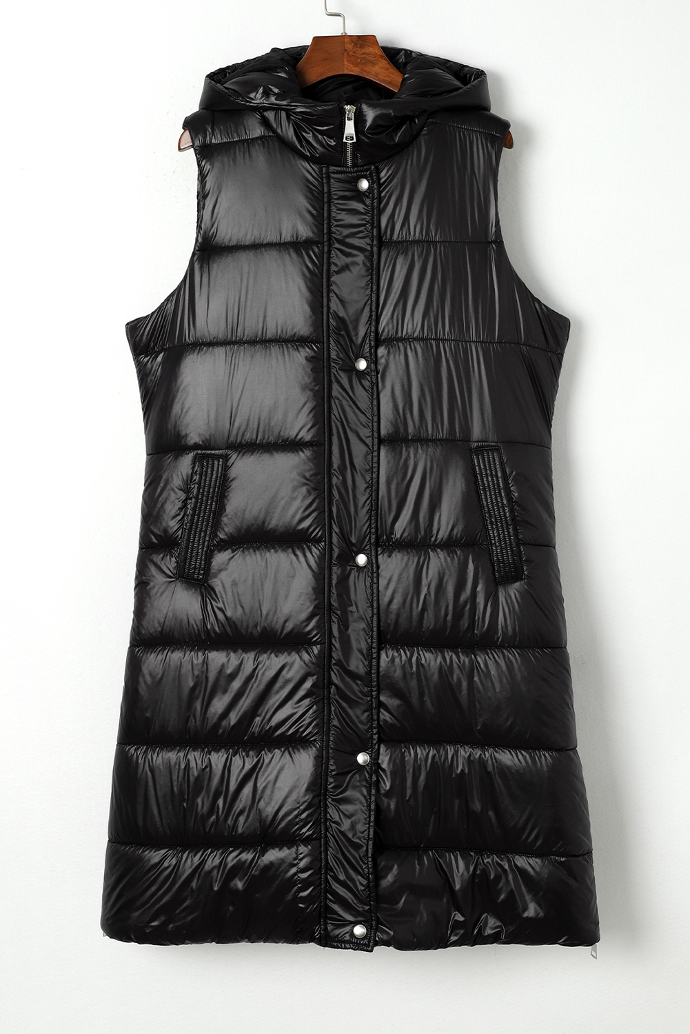 $20.24 Black Hooded Long Quilted Vest Coat Wholesale