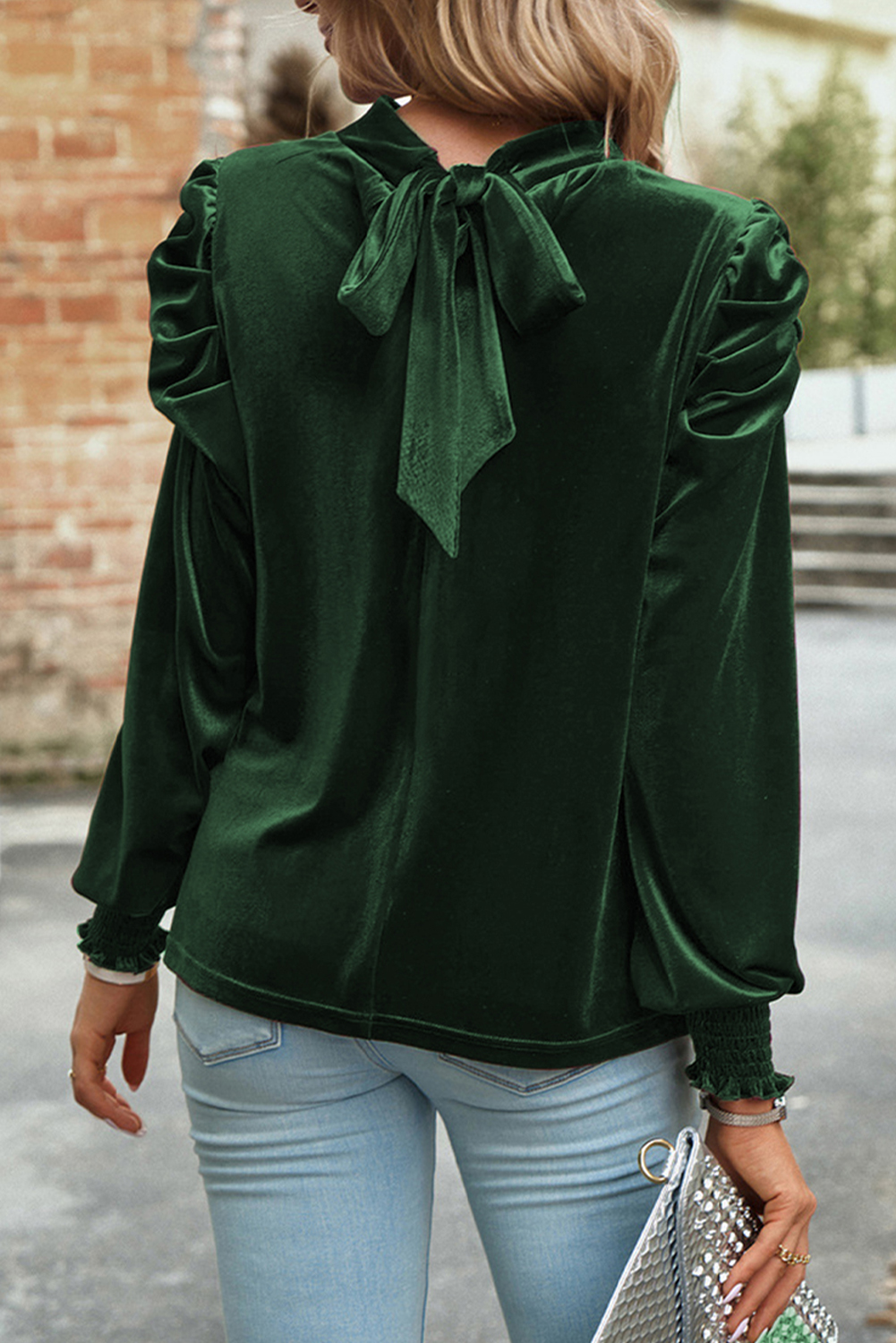 $6.6 Blackish Green Mock Neck Puff Sleeve Velvet Blouse Wholesale