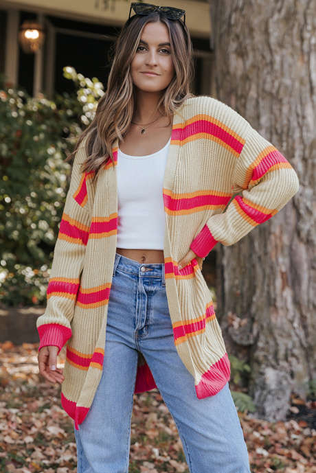 Cardigan long en tricot côtelé imprimé à rayures
