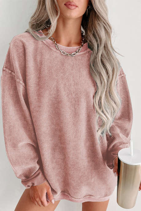 Roze effen geribbeld gebreid sweatshirt met ronde hals