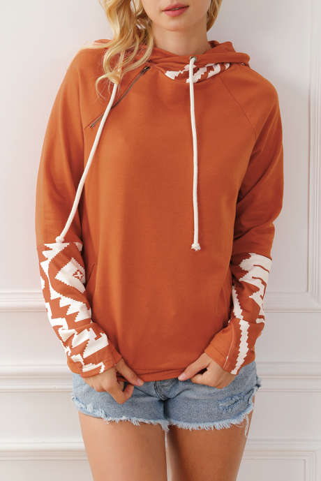 Bruine Azteekse Print Patchwork Duim Gat Hoodie