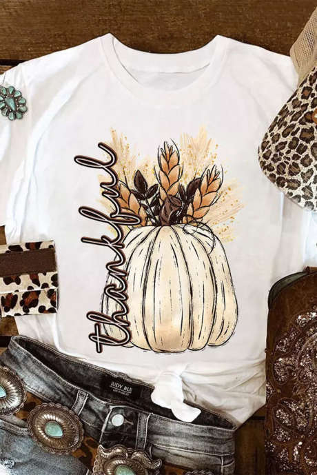 T-shirt de Thanksgiving à graphique de citrouille de récolte blanche