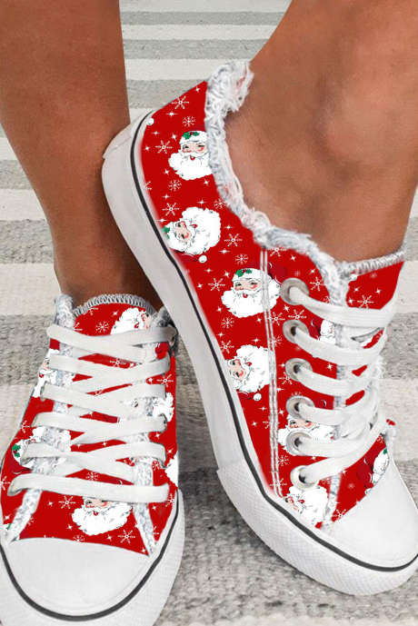 Zapatos de lona planos con estampado de copos de nieve de Papá Noel rojos BH021740-3