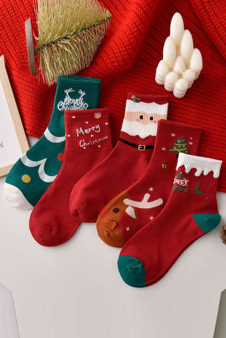 Feuriges Rot, 5 Paar festliche Socken mit „Merry Christmas“-Cartoon-Aufdruck