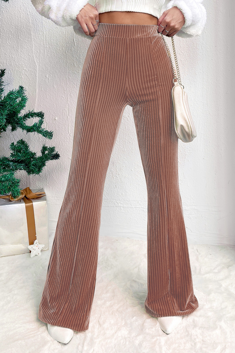 [DRYROSE] ★ DOT CORDUROY FLARE SK $5.42 Dusty Pink Solid Color High Waist Flare Corduroy Pants