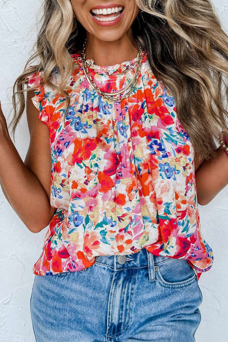 Regata floral boho plissada com decote vermelho e babados
