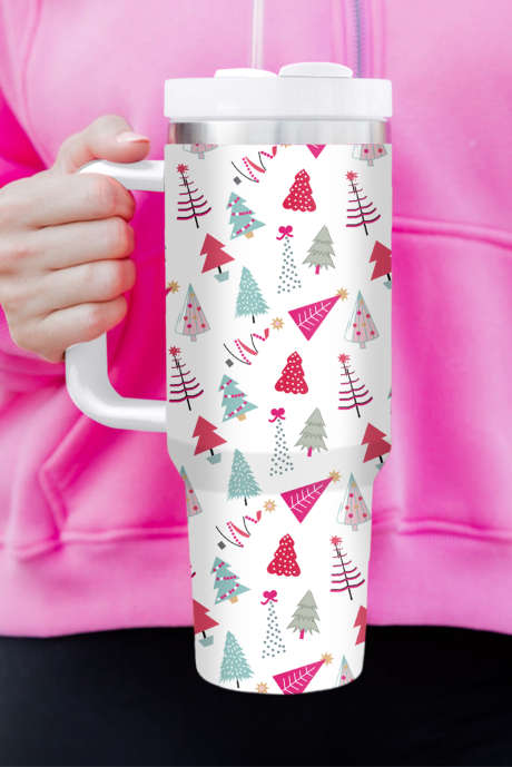 ホワイト漫画クリスマス ツリー プリント魔法瓶カップ 40 オンス