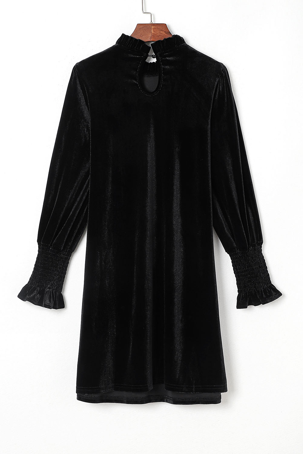 $6.57 Black Velvet Frill Neck Long Sleeve Shift Dress Wholesale