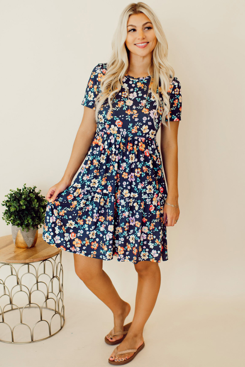 $5.15 Blue Short Sleeve A-line Floral Dress Wholesale