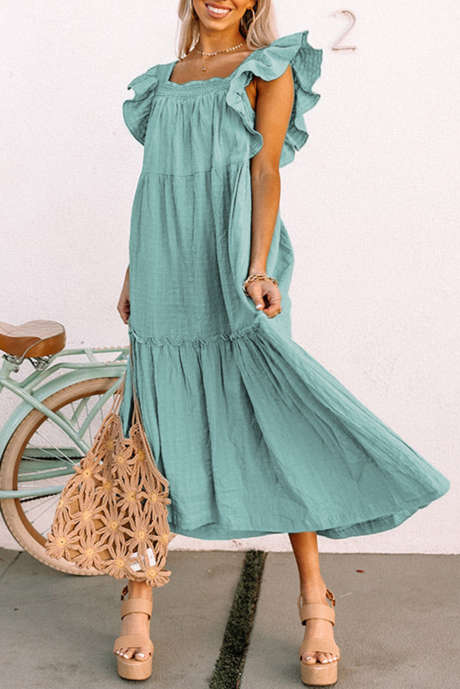Green Ruffled Flutter Sleeve Square Neck Textured Tiered Maxi Dress LC6119068-9