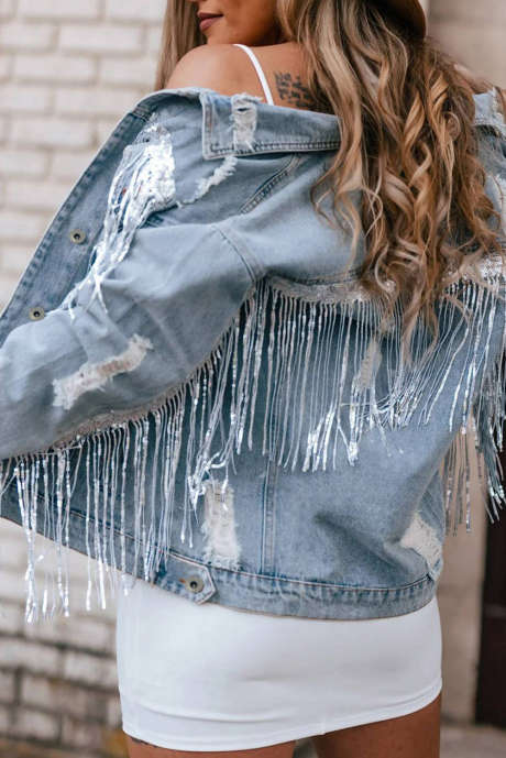 Hemelsblauw pailletten verfraaid fringe distressed denim jack