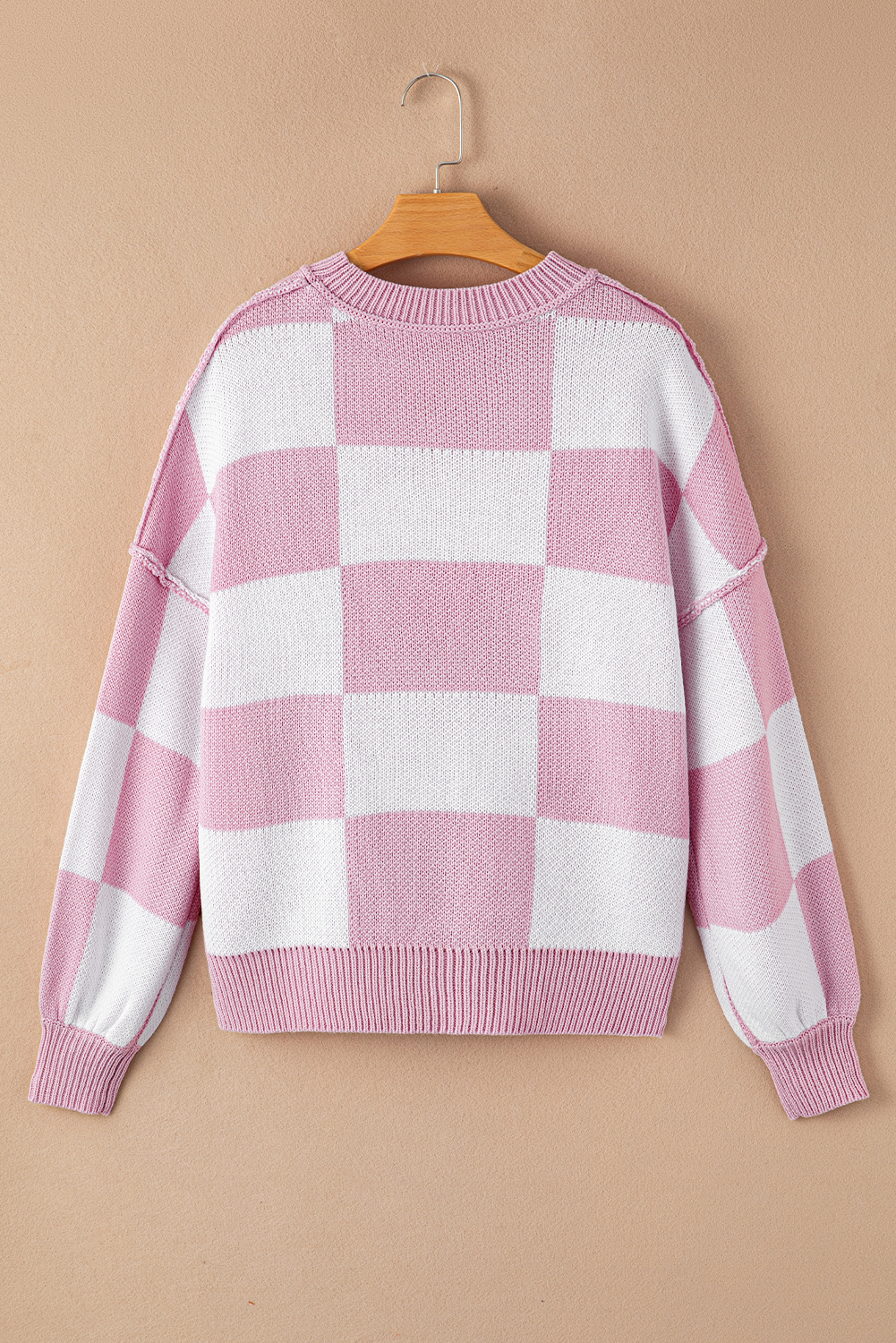 $9.18 Pink Checkered Bishop Sleeve Sweater Wholesale