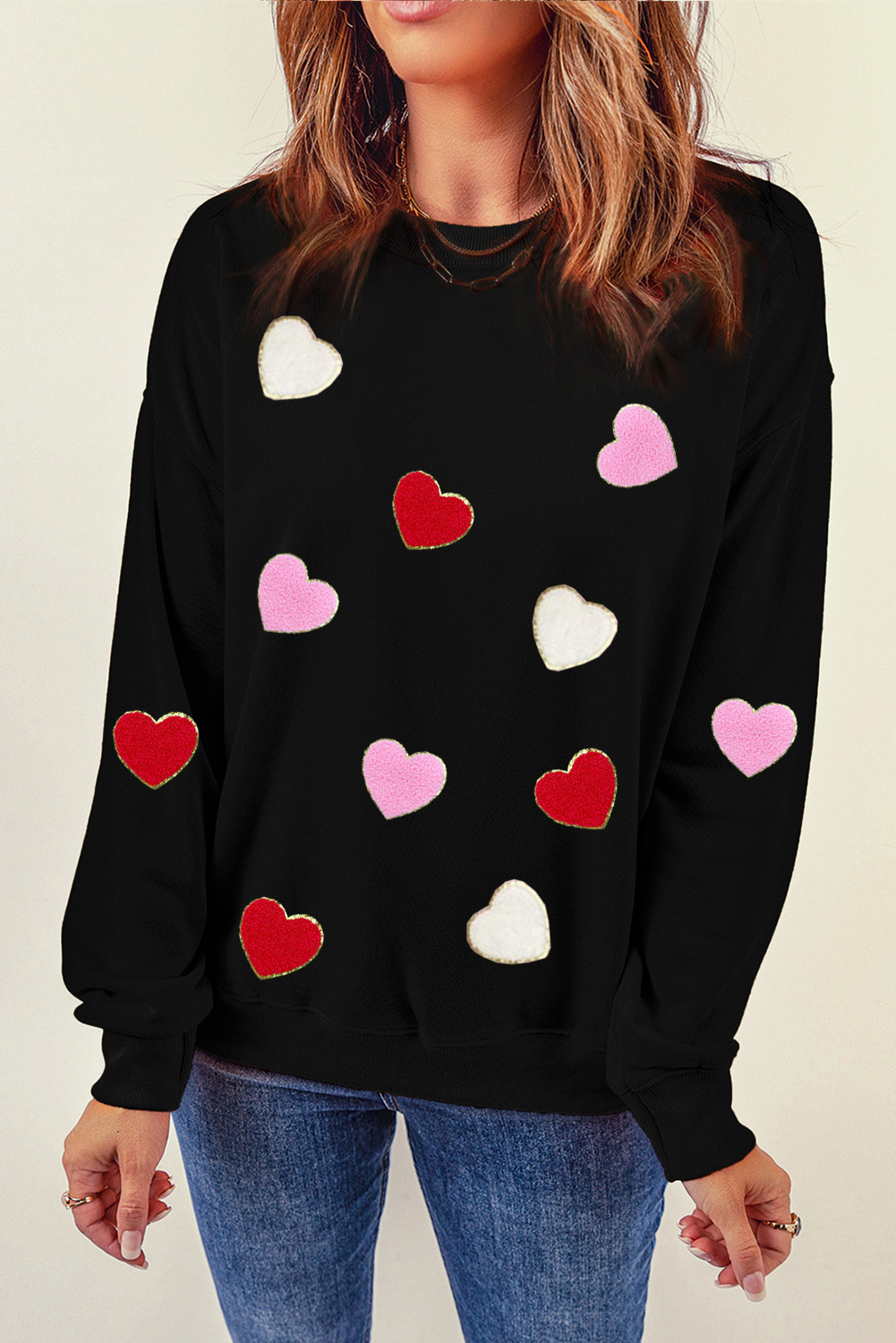 $9.84 Black Heart Shaped Chenille Embroidered Crew Neck Sweatshirt ...