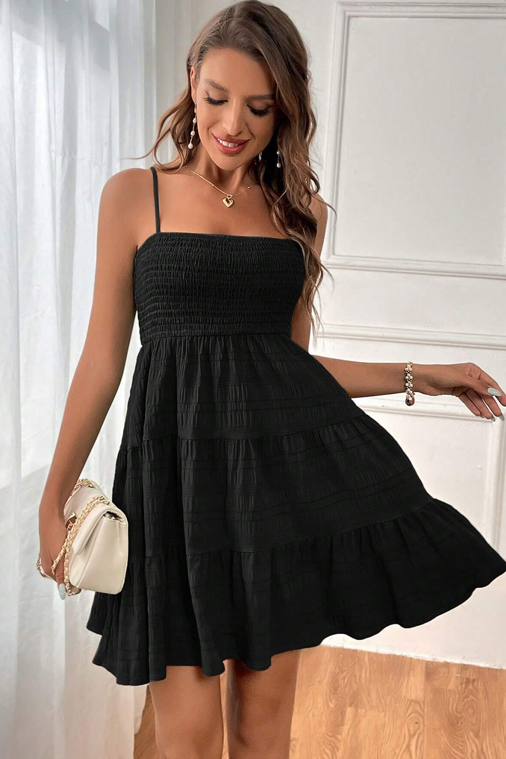 $6.39 Black Smocked Textured Tiered Skater Dress Wholesale