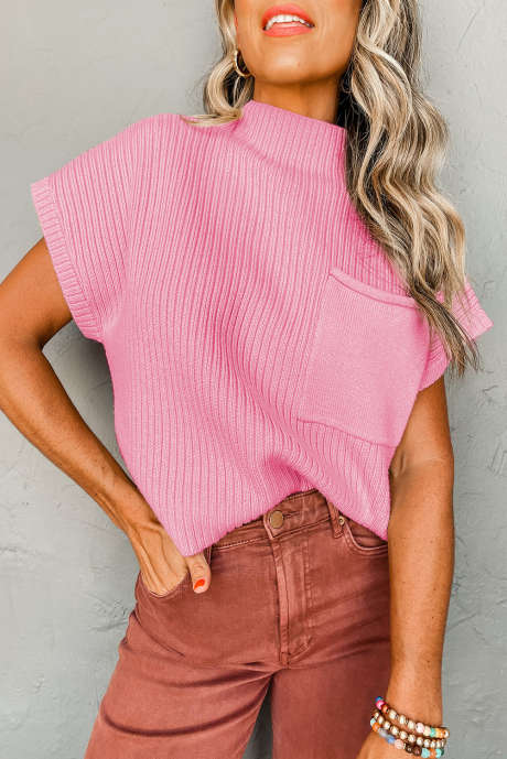 Pull rose à manches courtes en tricot côtelé avec poche plaquée