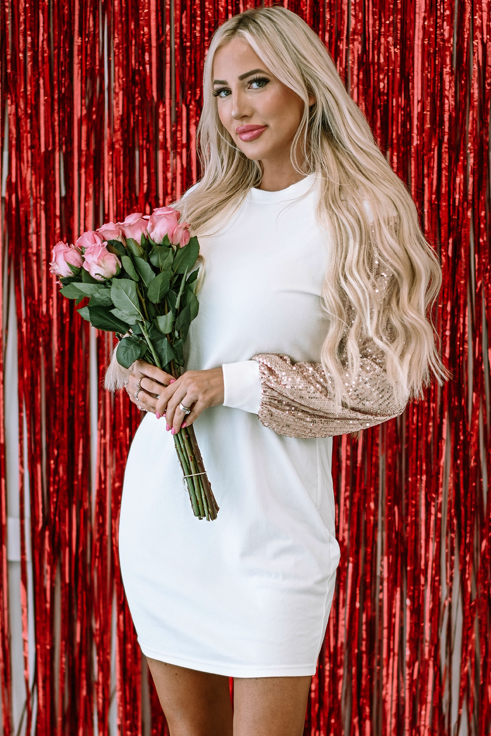 $7.85 White Sequin Puff Sleeve Shift Mini Dress Wholesale