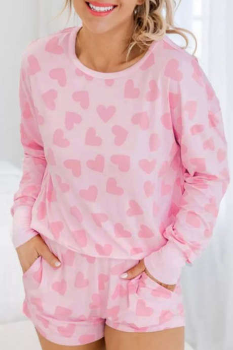 Rosa Valentine Heart Shape Print Långärmad Top Shorts Lounge Set