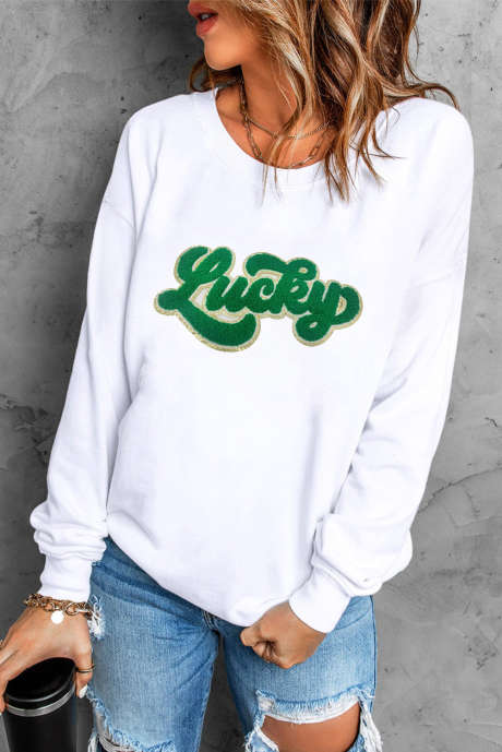 Sudadera blanca con estampado Lucky de chenilla con ribete brillante