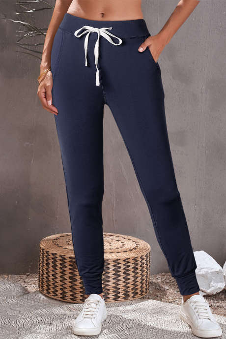 Navy Blue Drawstring Elastic Waistband Pocketed Joggers