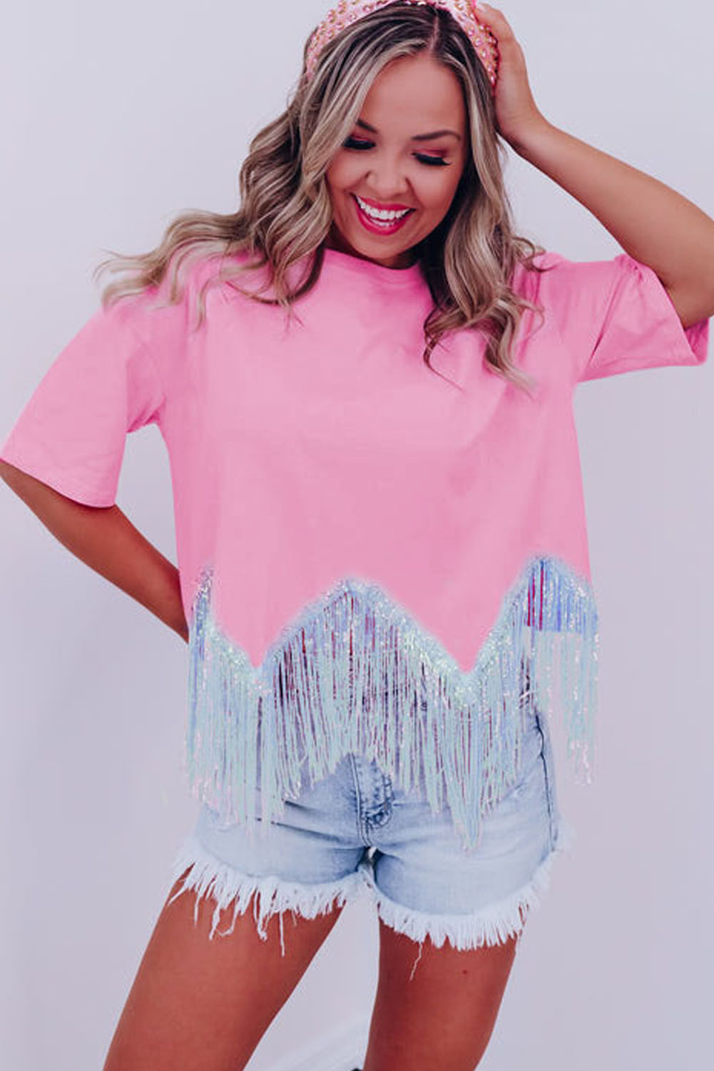 $5.17 Pink Fringed Sequin Crop T-shirt Wholesale