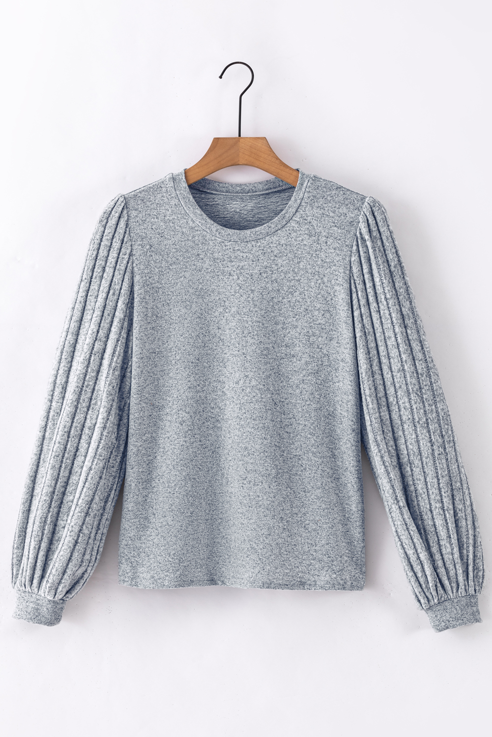 $3.71 Gray Contrast Ribbed Bishop Sleeve Top Wholesale