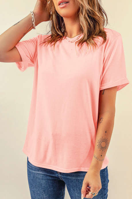 Camiseta casual lisa con cuello redondo rosa