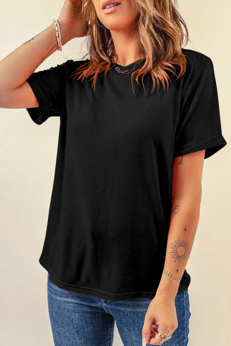Camiseta casual lisa con cuello redondo negra