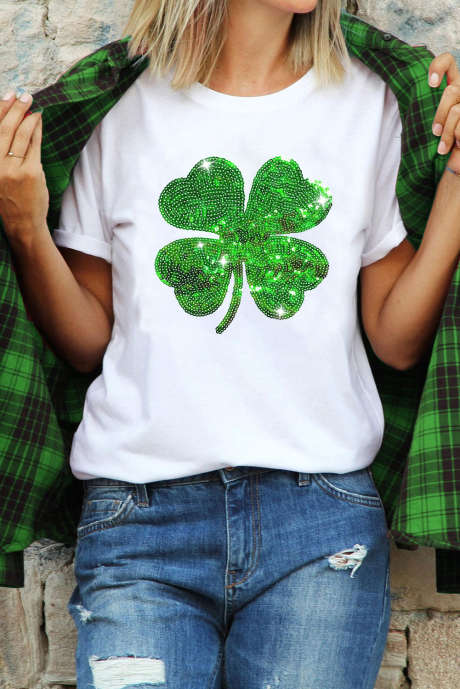 Wit pailletten klaver patch grafisch St Patrick Fashion T-shirt