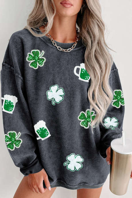 Sweat-shirt gris à cordon et motif trèfle St Patrick à paillettes