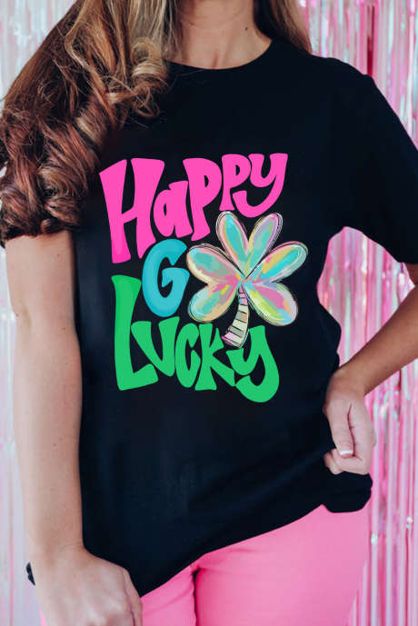 Zwart Happy GO Lucky Clover T-shirt met ronde hals en print
