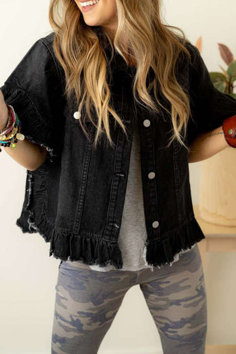 Black Raw Edge Ruffled kortermet denimjakke