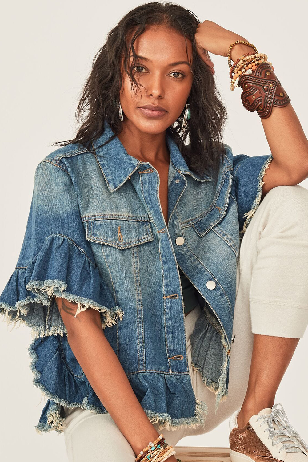 $12.7 Peacock Blue Raw Edge Ruffled Short Sleeve Denim Jacket Wholesale