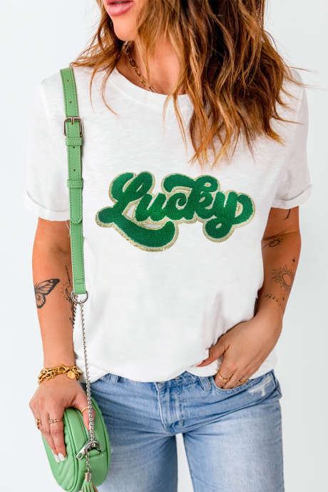 Wit St. Patrick Lucky Chenille Glitter gepatcht grafisch T-shirt