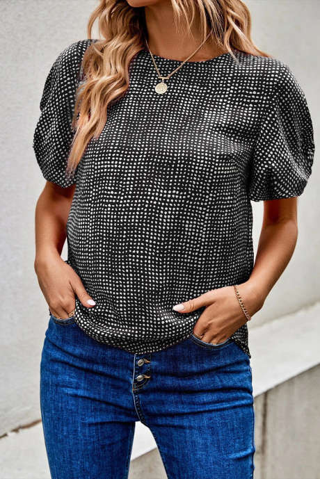 Black Cheetah Short Puff Sleeve Blouse