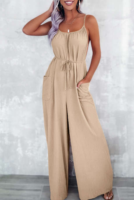 Apricot Spaghetti Straps Waist Tie Wide Leg Jumpsuit with Pockets LC6413231-P18
