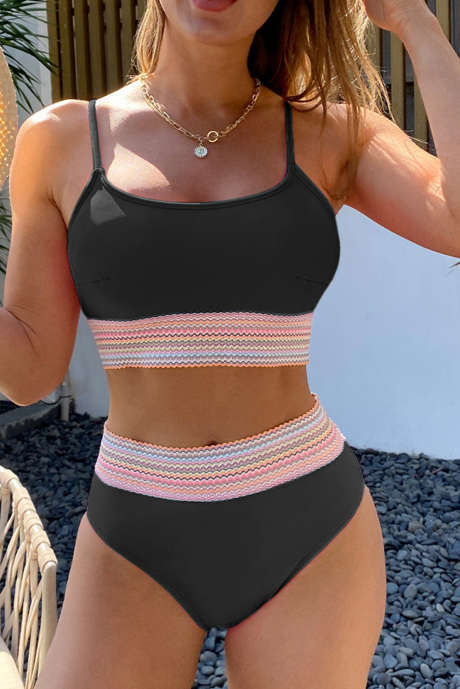 Schwarz gestreifter Patchwork-Bikini-Badeanzug mit Spaghettiträgern und hoher Taille