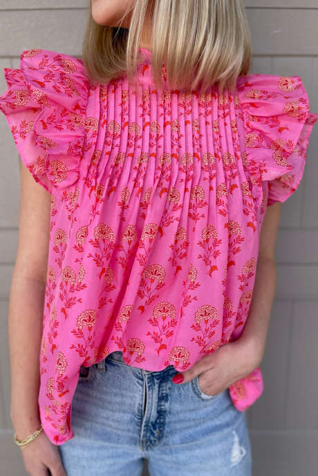 Blusa plisada con volantes y estampado floral en color rojo rosado LC25126618-P6