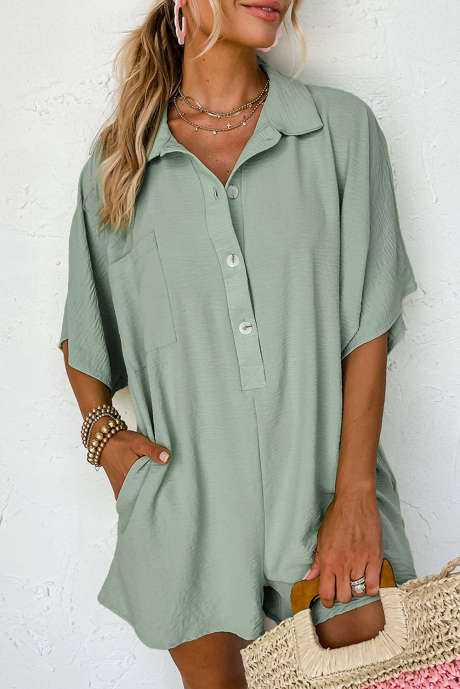 Spinach Green Half Button Collared Loose Romper LC6413069-P709