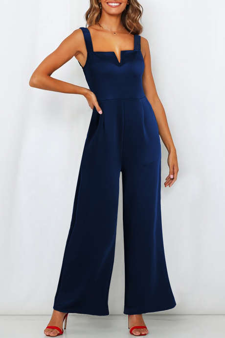 Blue Notched Neck Smocked Back Wide Leg Sleeveless Jumpsuit