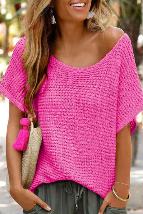 Pull à manches courtes en tricot ample rose uni LC277070-P10