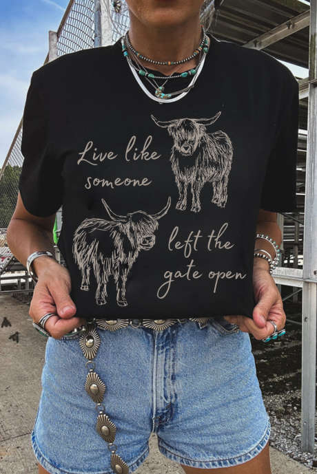 Svart Western Cow Print Rund Hals Casual Tee
