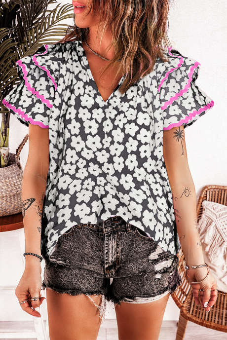 Camicetta con maniche a volant a strati Ric Rac a contrasto floreale nero LC25127550-P220